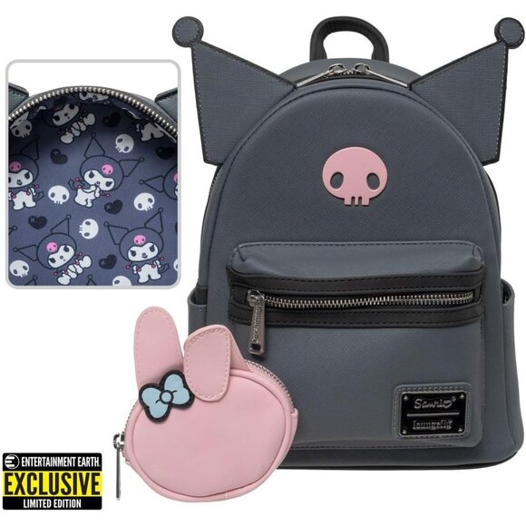 Sanrio Kuromi & My Melody Exclusive Mini-Backpack with Coin Purse Black Faux Lea - Picture 2 of 10